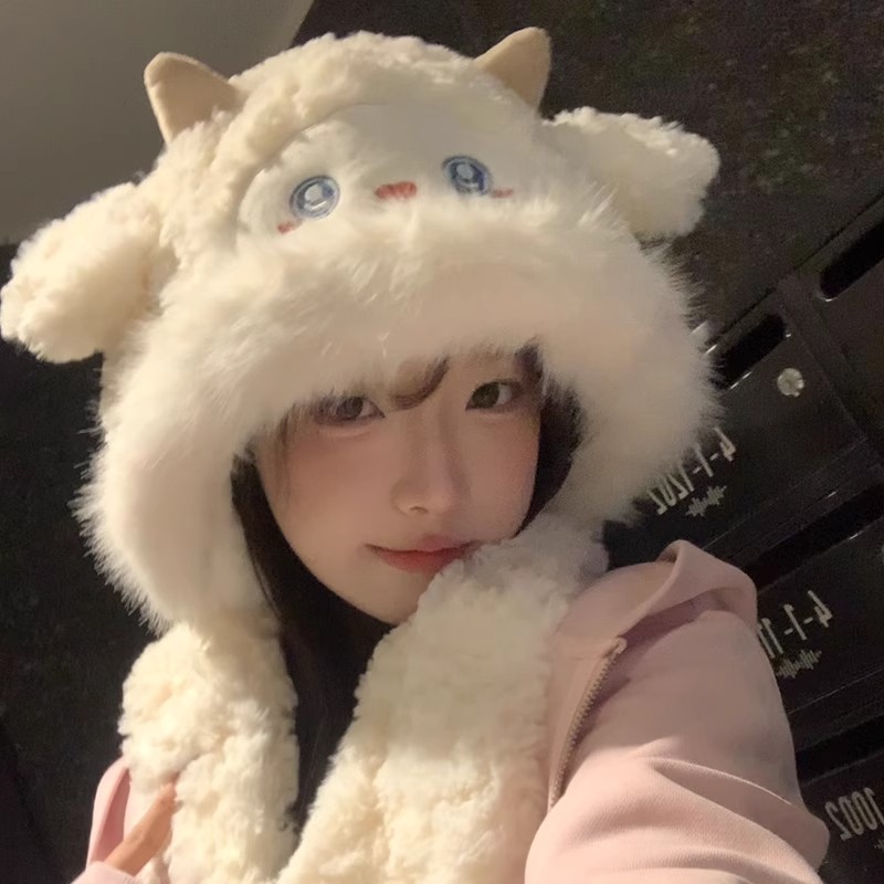 冬季可爱小羊毛绒耳朵会动帽子围巾一体骑行保暖护耳帽防寒雷锋帽