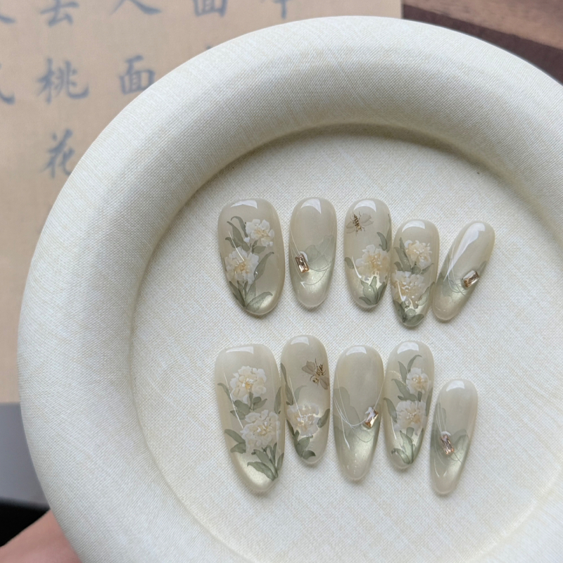 原创·临江仙｜新中式手绘仙气花卉温柔显白猫眼穿戴甲美甲