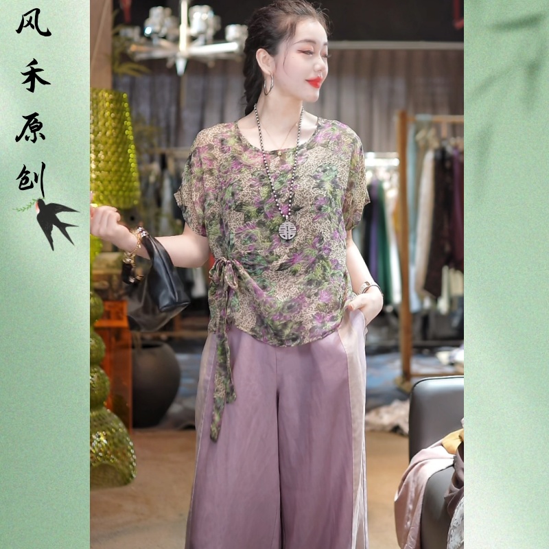 风禾原创【春之语】夏季圆领时尚洋气显瘦印花国风乔其纱短袖小衫女