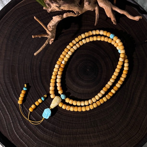 【狒狒珠宝】蜜蜡石膏瓷白妖花108 精工老型 规格7+ 孤品