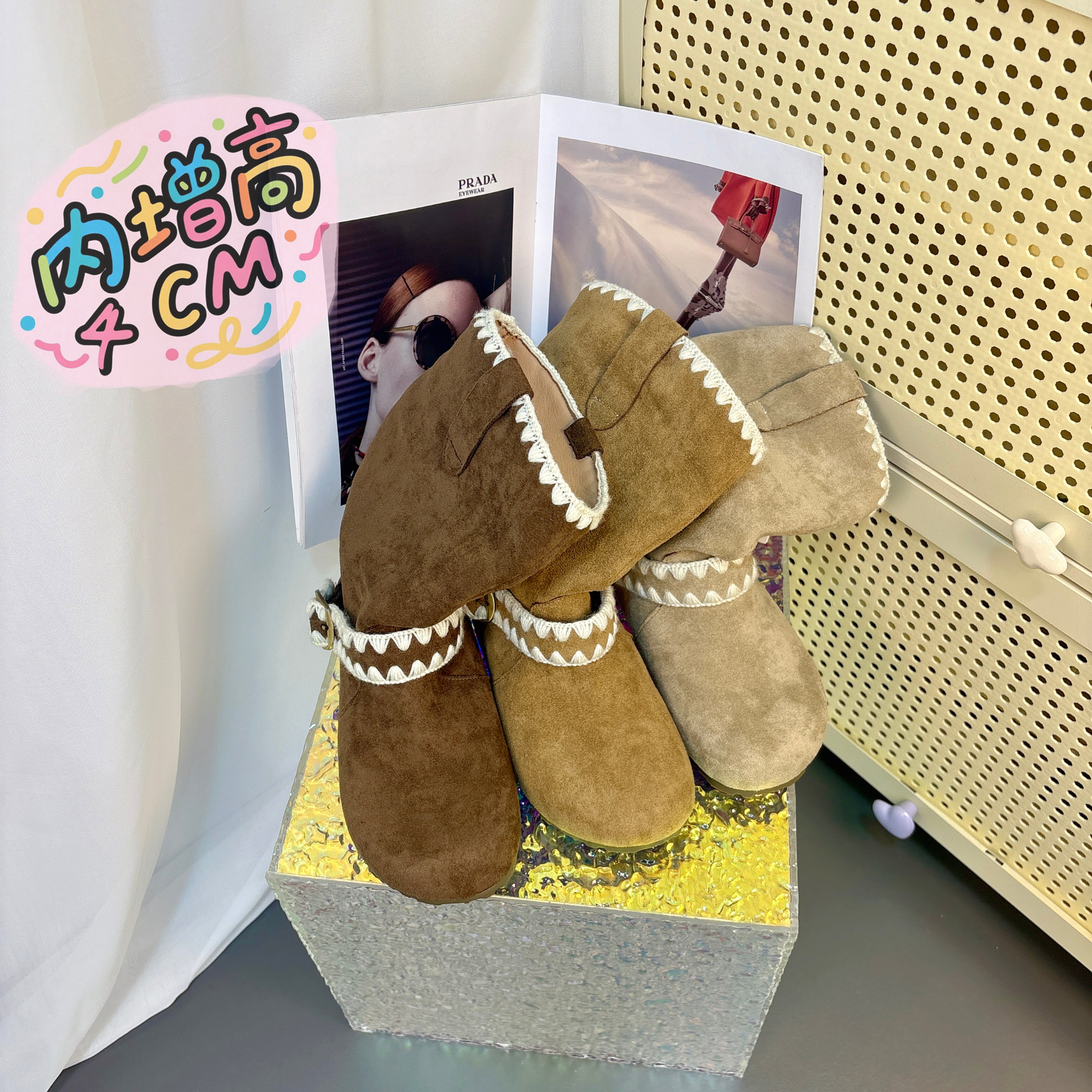 内增高4CM~复古褶皱堆堆靴女25秋季新款西部牛仔短靴显瘦气质靴子