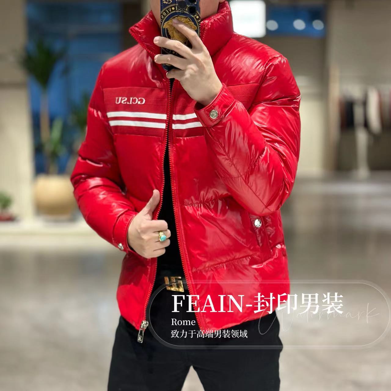 高端男士定制立体拼接字母珠光琉璃纱羽绒服8085