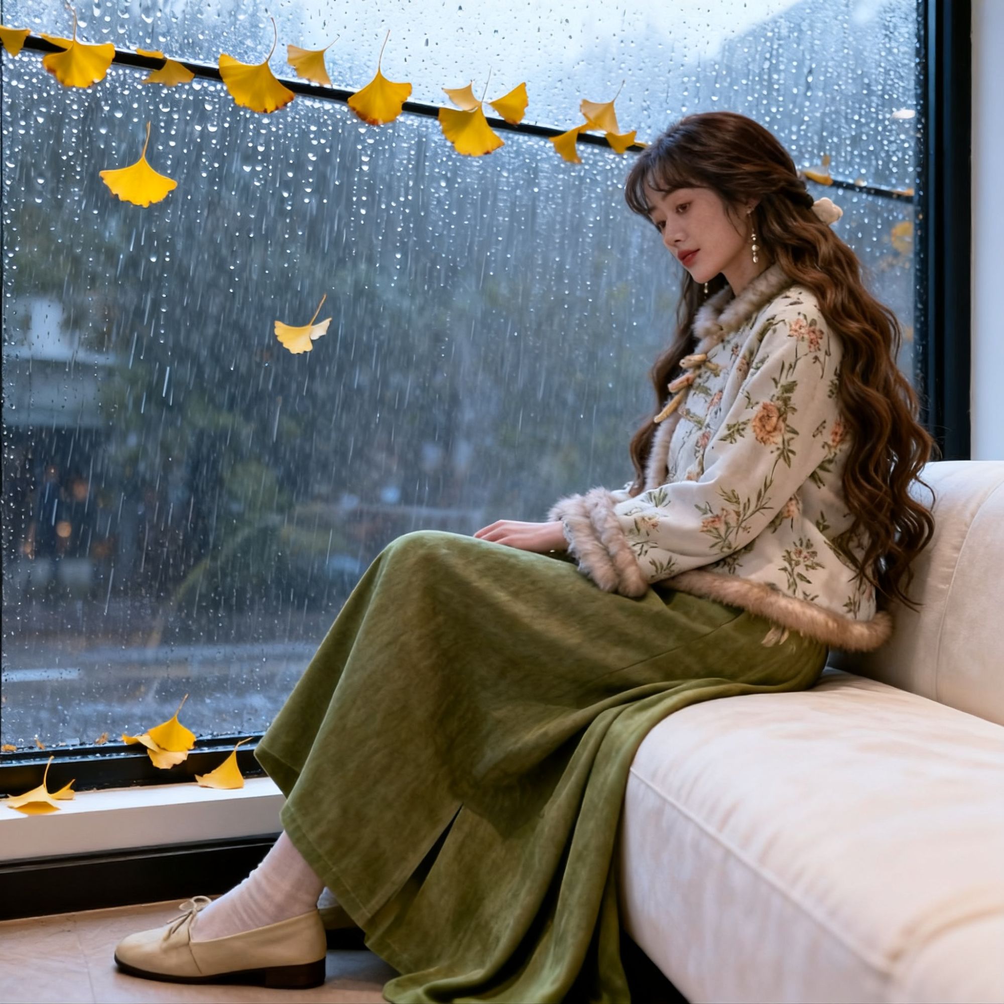 常规款新中式中长裙印花长袖旗袍中国风少女网红ins