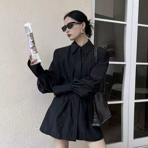 小白家衬衫外套女韩版别致高级设计感拉链收腰显瘦黑色衬衫女9918