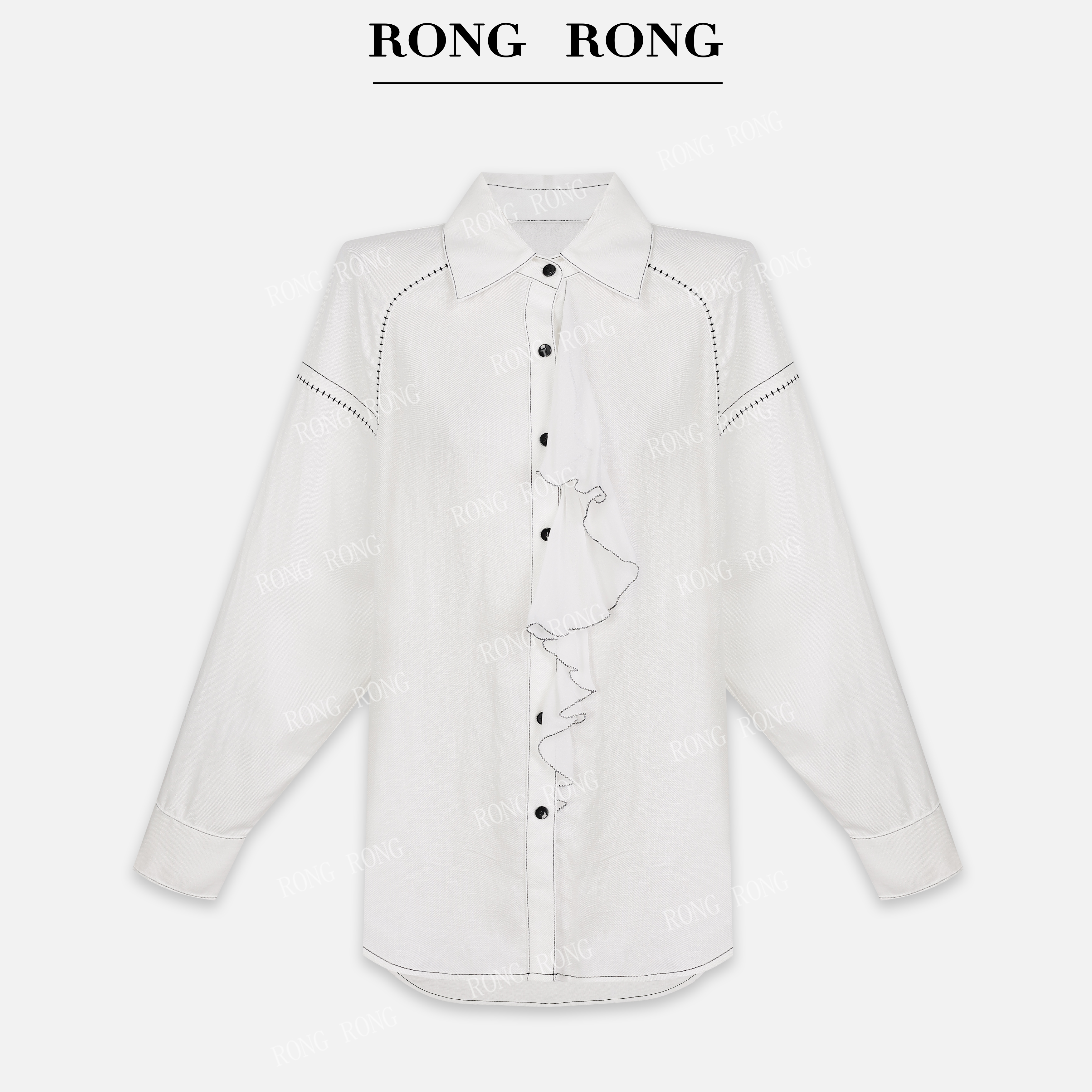 溶溶J【浮光云茉】RONGRONG莫代尔亚麻定制荷叶边复古衬衫C-S210759