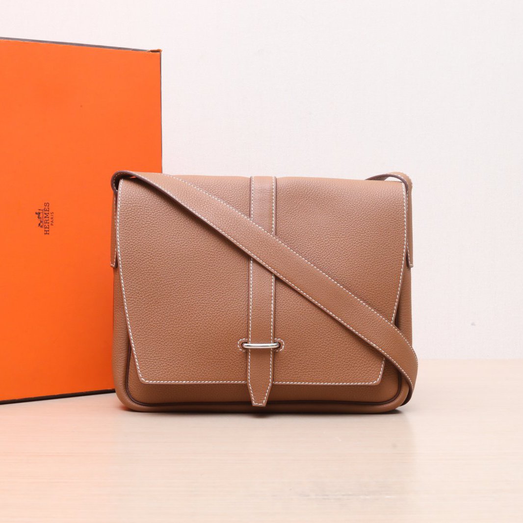 99新 Hermes/爱马仕 小花双双 信差包 金棕色 Togo皮 B刻 