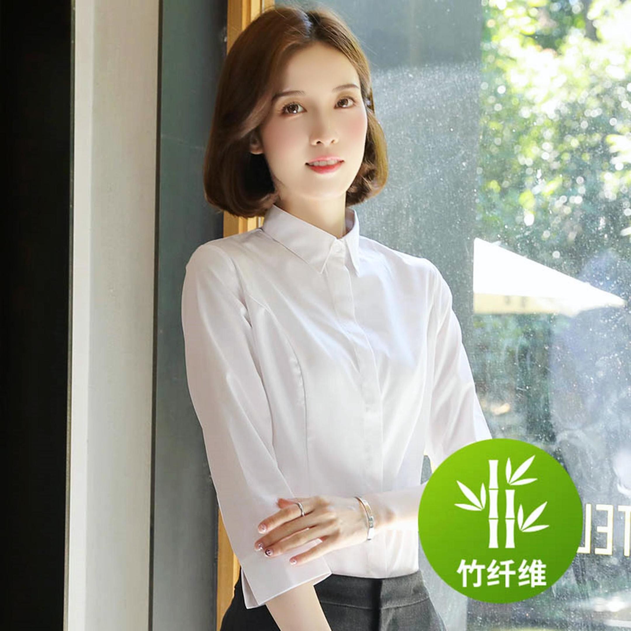 （方领七分袖开叉）弹力打底白衬衣春秋气质修身面试白色衬衫职业装
