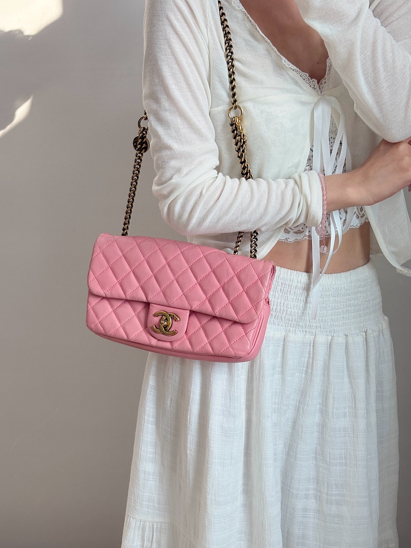 95新 Chanel/香奈儿 chanel 樱花粉小号金币款cf斜挎包