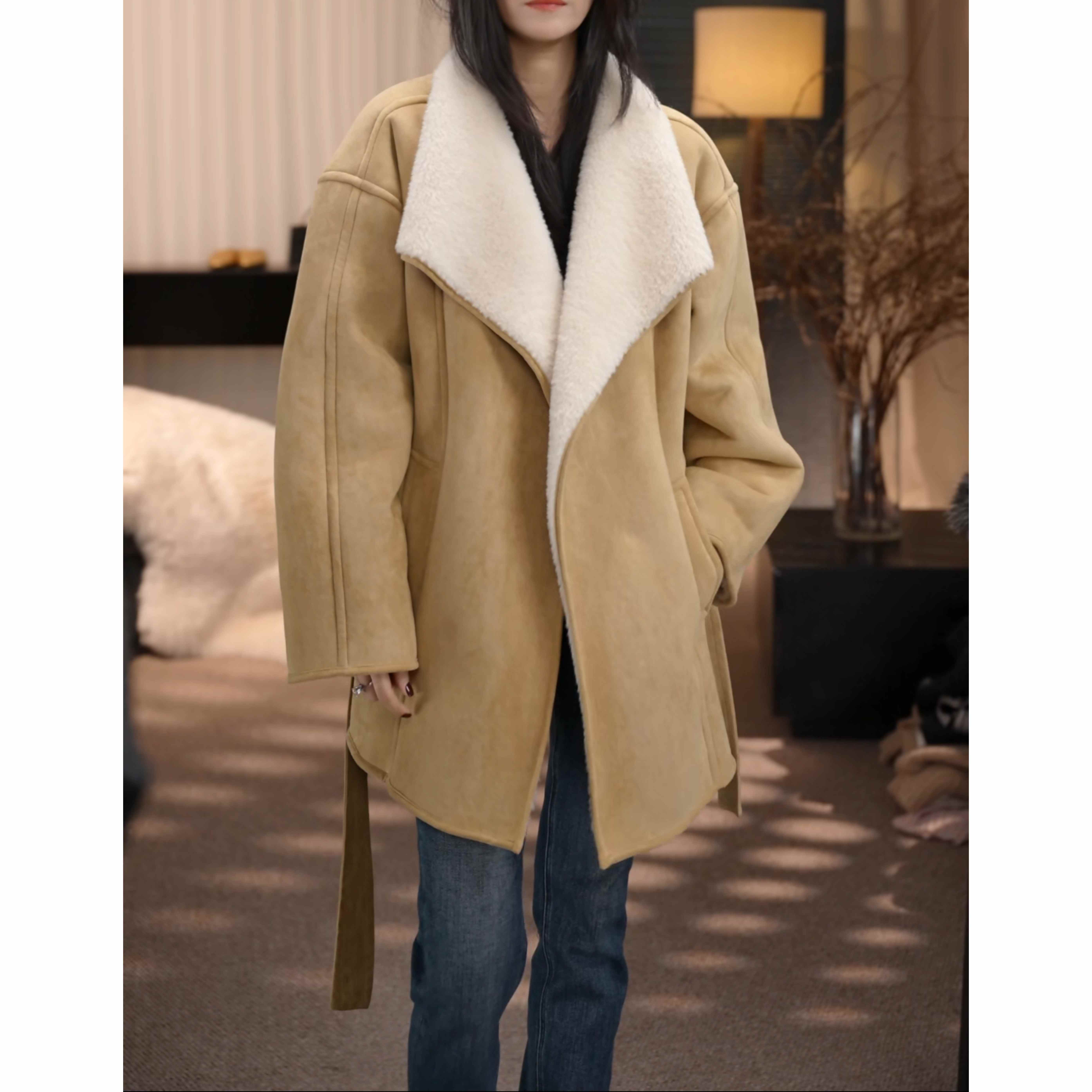 卢尚一粒扣腰带毛毛里外套9002023