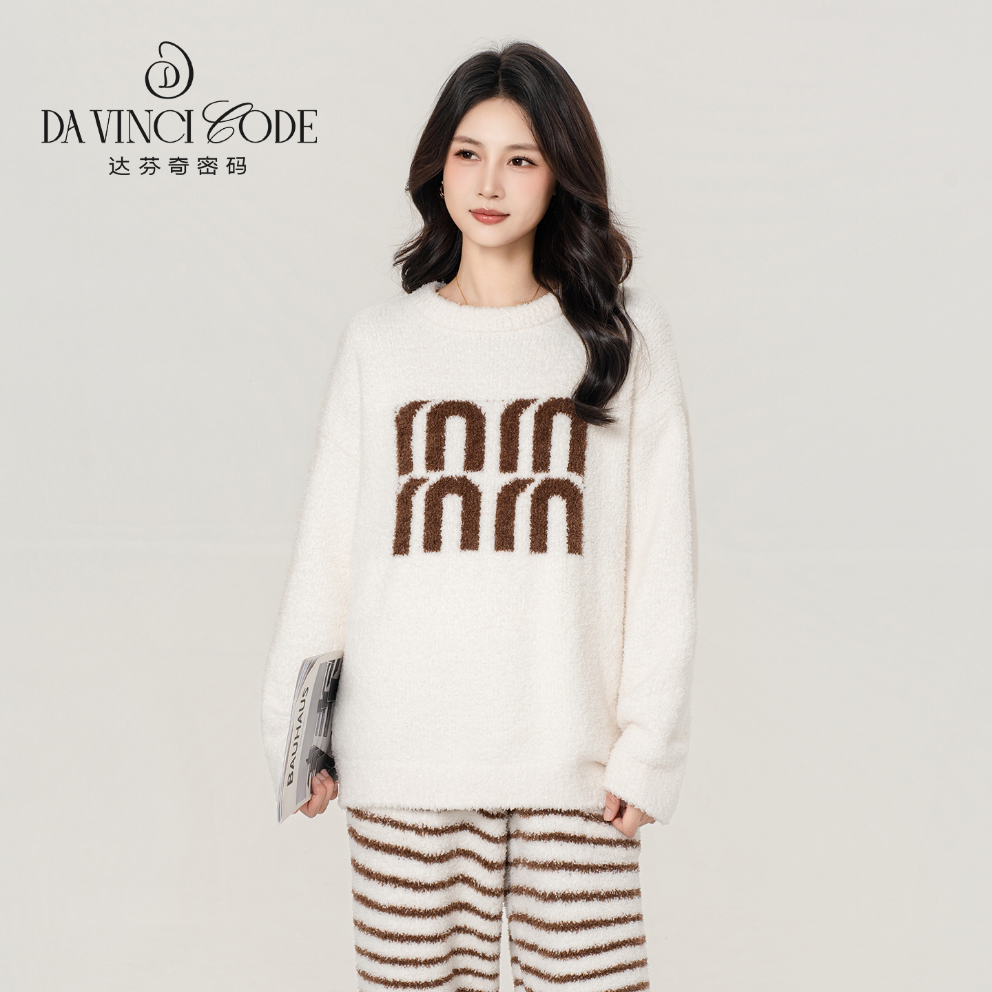 DAVINCIARTMM条纹高颜值可外穿睡衣女加绒半边绒家居服女秋冬服装