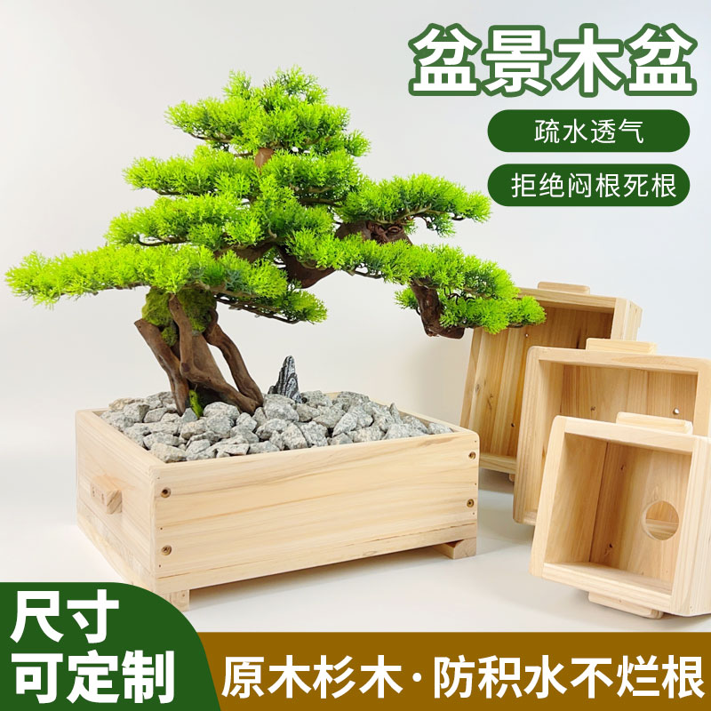 直角木质盆景花盆日式培养盆多肉松柏杜鹃复壮木盆盆栽疏水透气