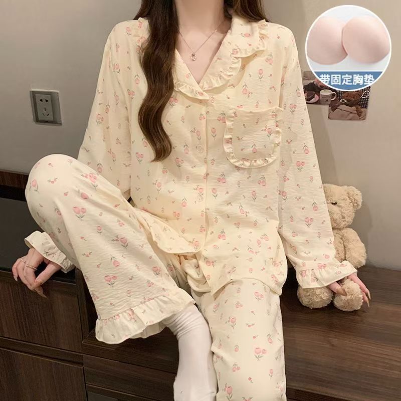 带胸垫春秋季长袖简约睡衣女款2025年新款甜美宽松家居服套装