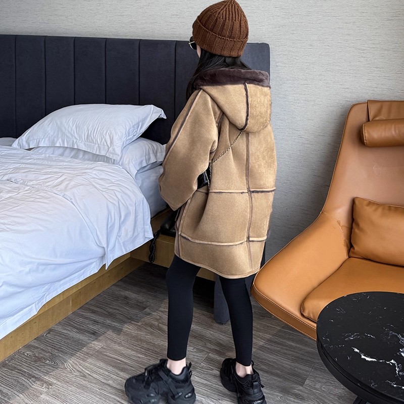 女童韩版时尚皮毛一体加绒连帽厚外套新款冬季加厚保暖宽松大衣潮