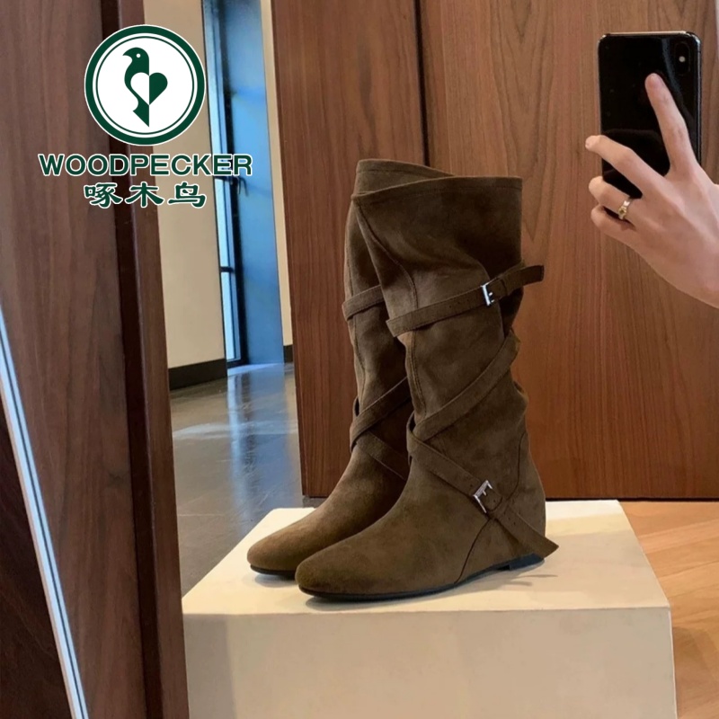 啄木鸟内增高长筒靴女2025秋冬新款复古百搭堆堆靴显瘦高筒骑士靴