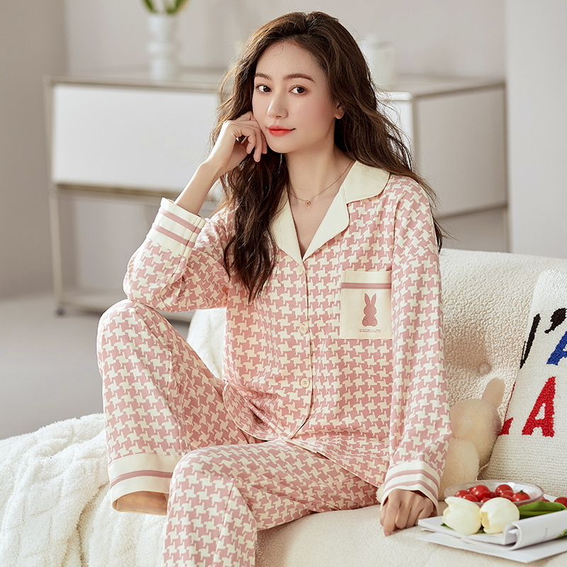 68004粉女士睡衣长袖长裤套装春秋季透气翻领家居服女士睡衣