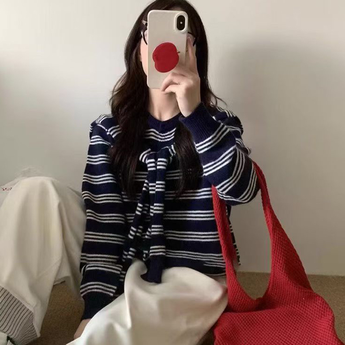 【毛衣带披肩】秋冬条纹长袖宽松百搭毛衣+披肩（可拆卸）真两件上衣