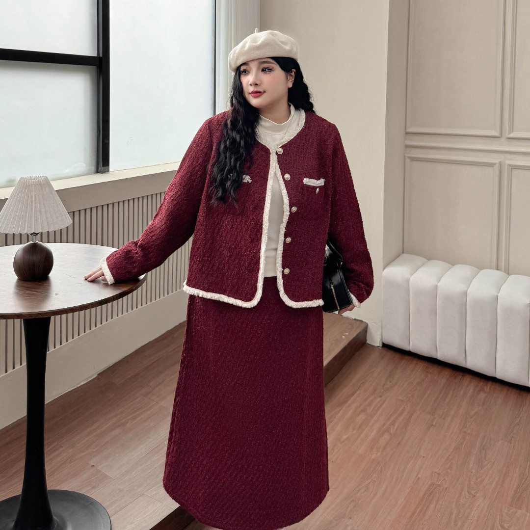 DC7095大码女装【新年圣诞小香风套装】胖mm气质高级感短外套半身裙