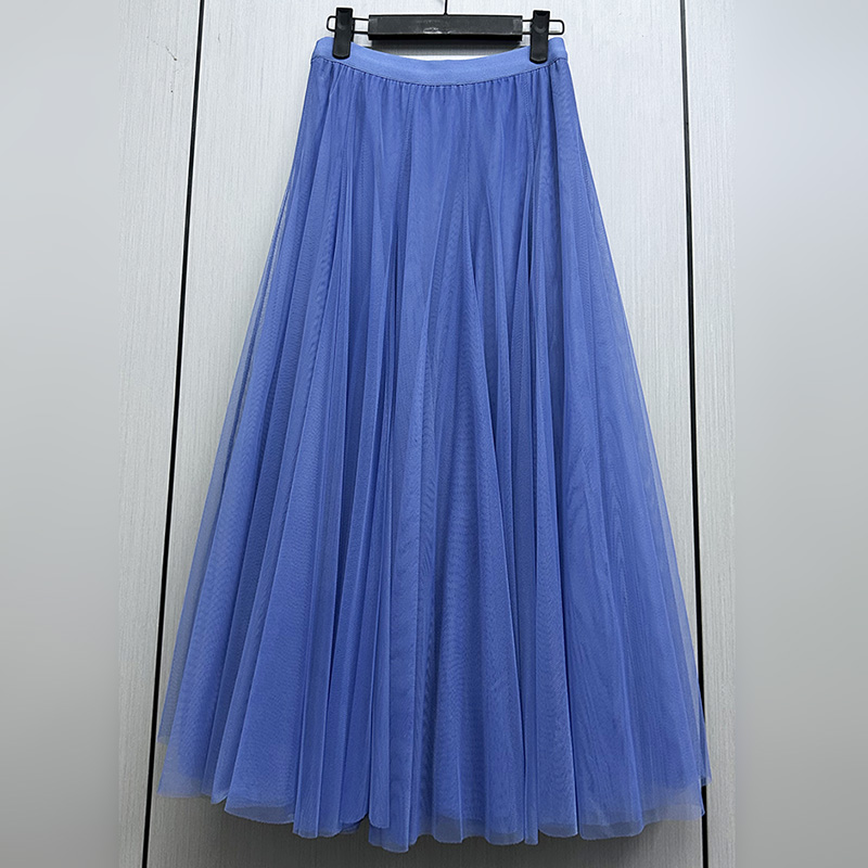 2025新款夏季女士百搭松紧腰中长款百褶网纱A字裙休闲半身裙