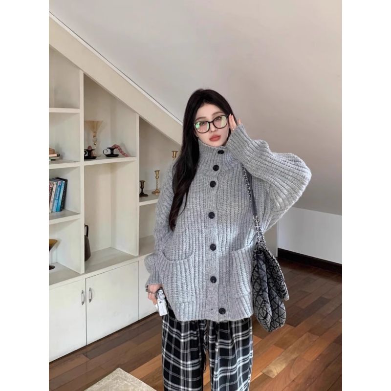 【1731】灰色高领粗线毛衣外套女秋冬针织开衫