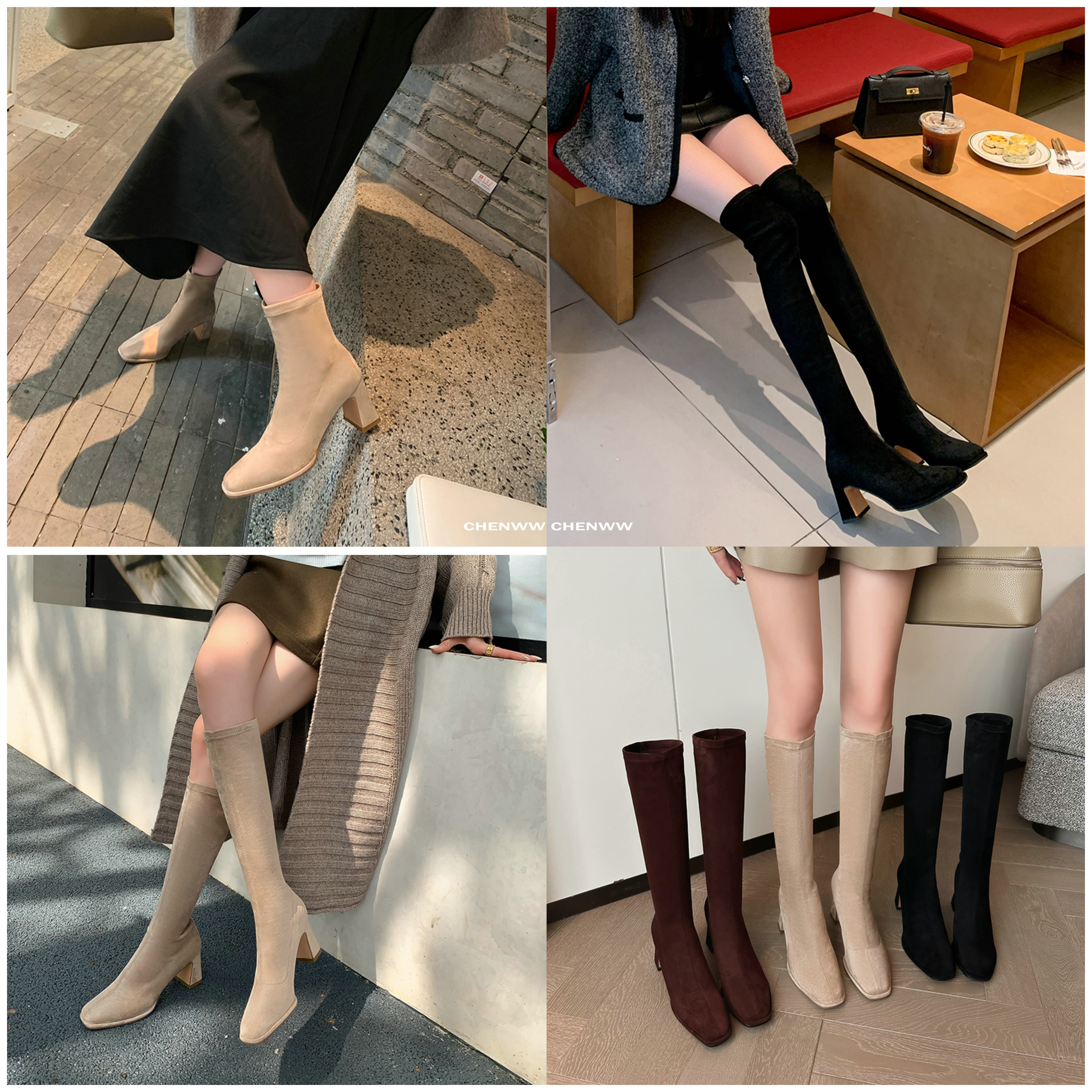 【CHENWW】时装网红款弹力瘦瘦靴短筒长筒过膝靴显瘦显高挑加绒靴女