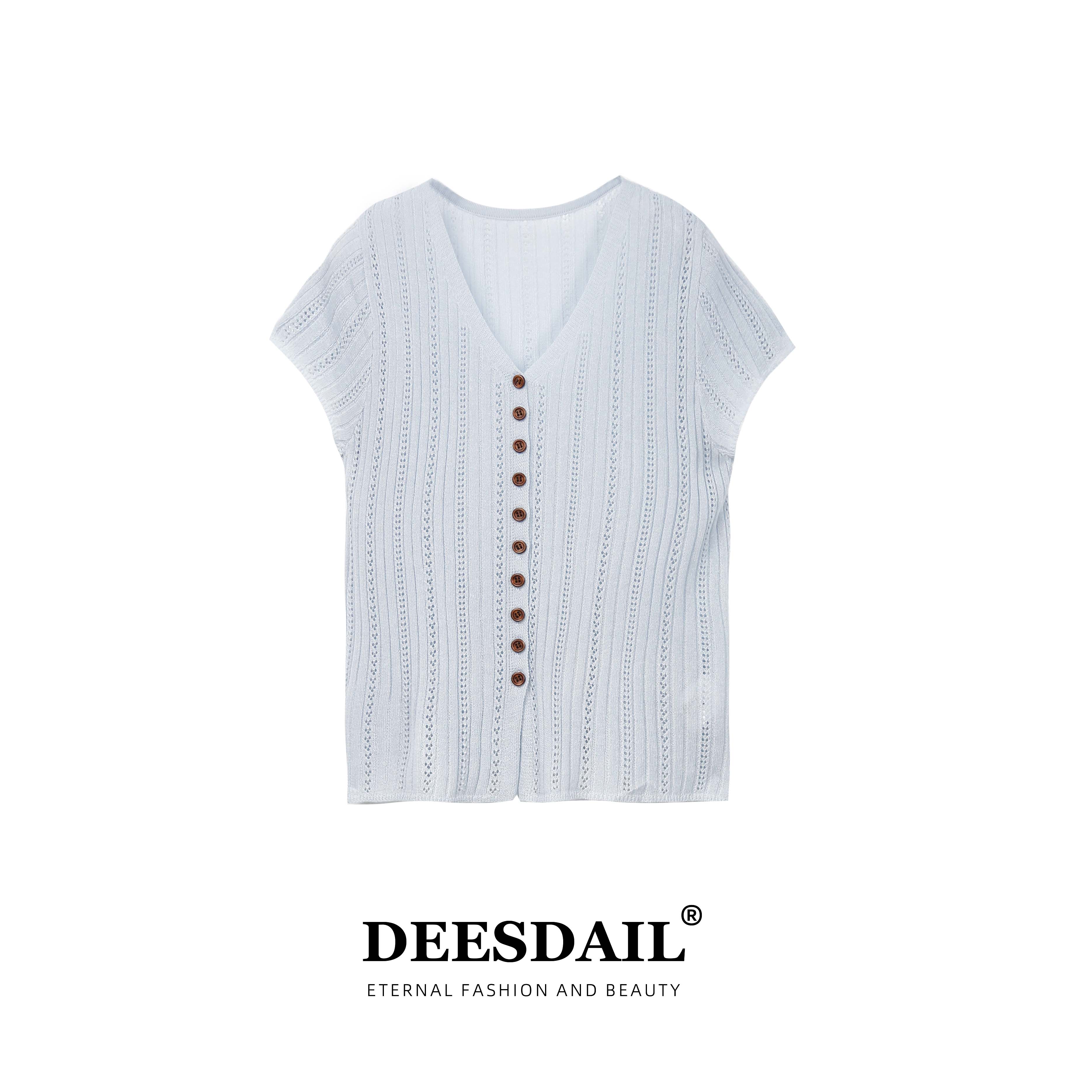 【304】DEESDAIL设计师v领勾花镂空开衫上衣百搭轻奢t恤女装Y252