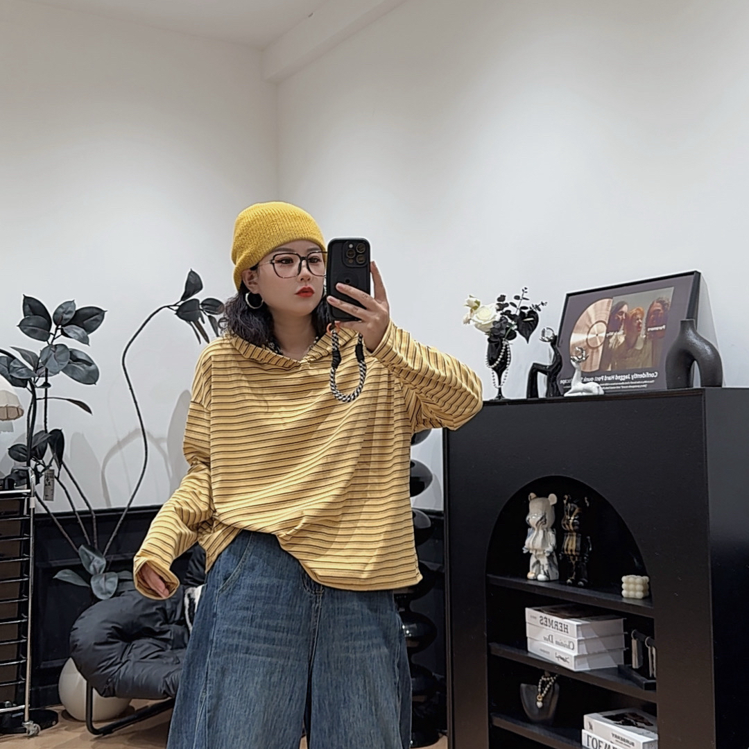 哆唛852091款连帽长袖短款横跳加厚宽松欧韩时尚潮流休闲T恤韩版