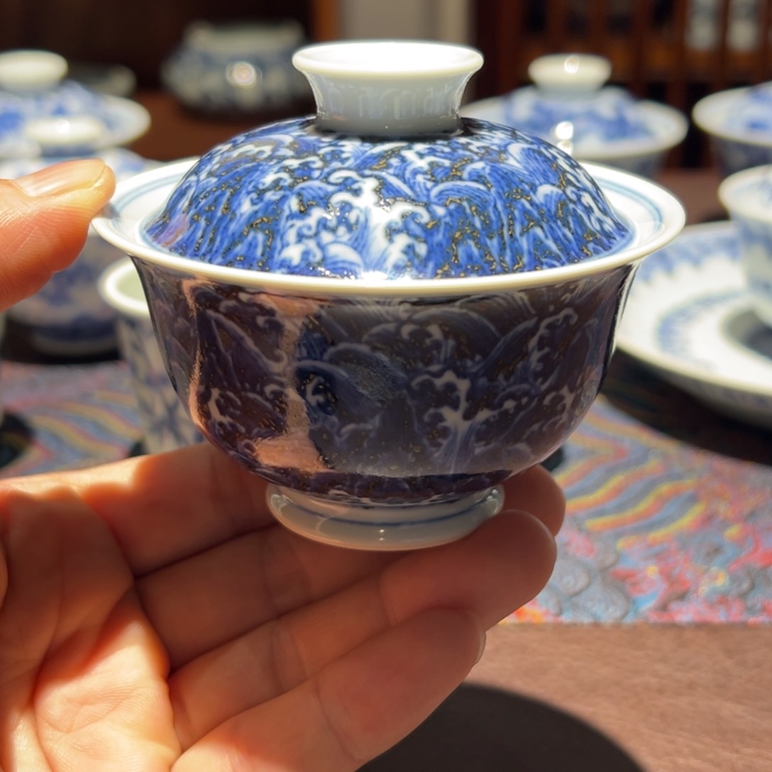 杯精品青花江崖海水纹二才盖碗约120毫升