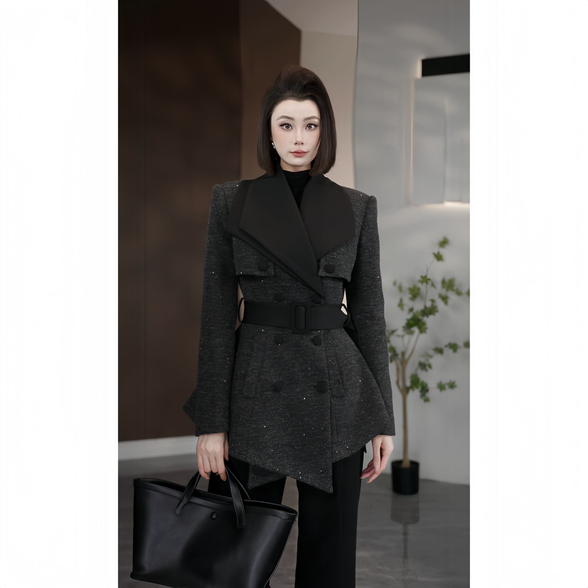 琦哥【星曜夜曲】时尚翻领系带收腰加棉秋冬百搭款外套35497