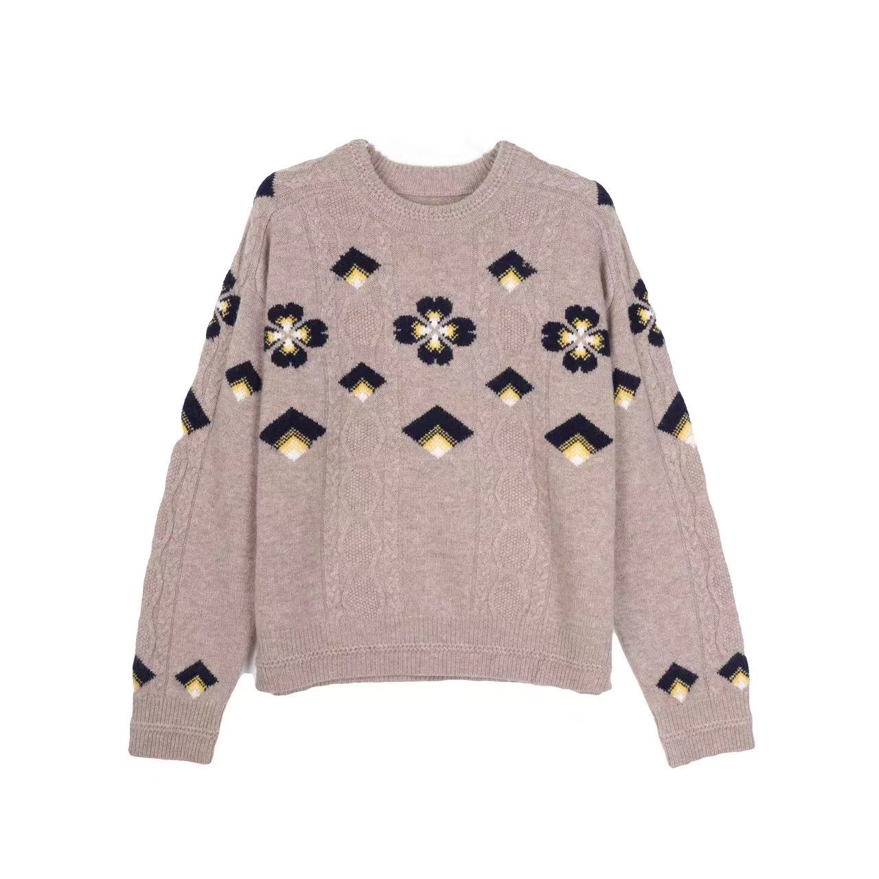 【十字香花】费尔岛提花立领拉链针织开衫女秋冬新款宽松软糯