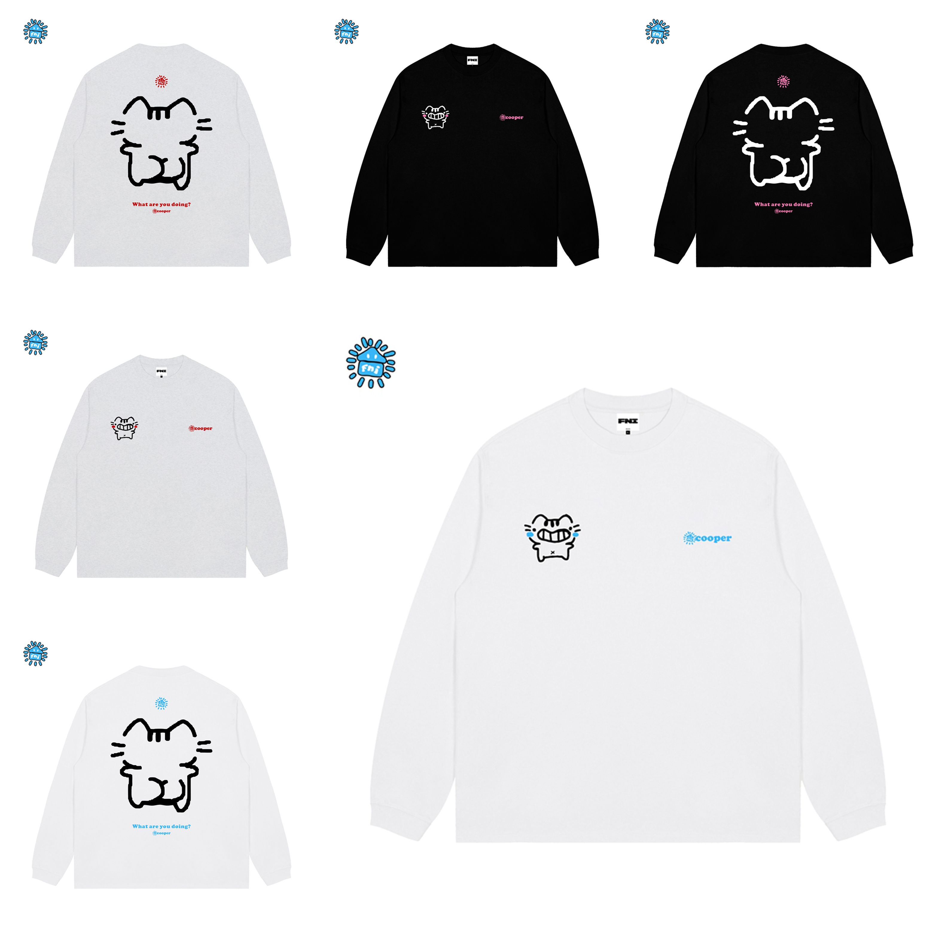 FNIcooper（撅屁小猫）趣味卡通重磅纯棉长袖男女情侣T恤秋宽松发泡