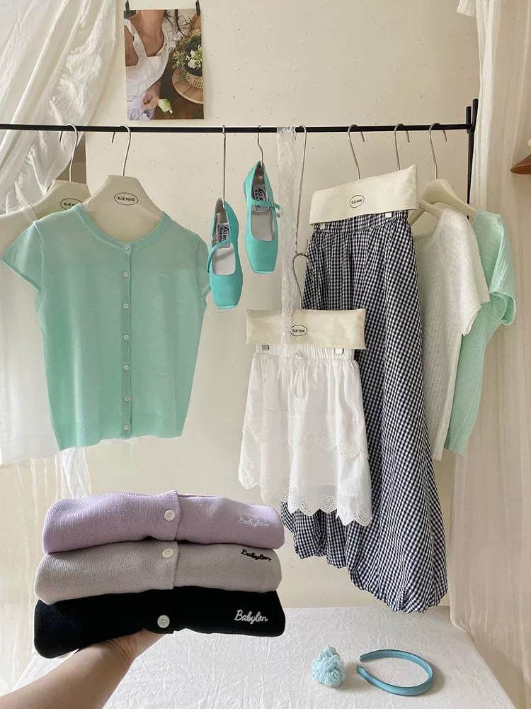 （300-399编码) 夏日清凉曼波绿小刺绣针织开衫女短袖百搭小衫上衣