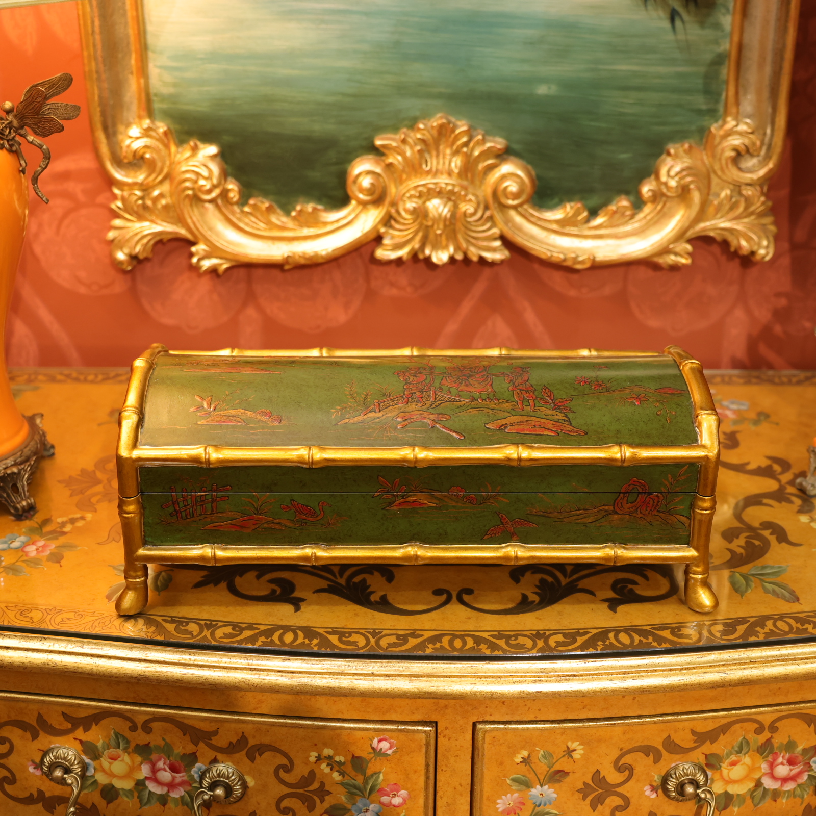 知潇家居/木质复古绿长形证件收纳盒/国风/中式客厅/做旧