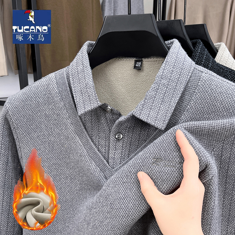 TUCANO/啄木鳥男士加绒加厚针织假两件商务休闲刺绣保暖上衣