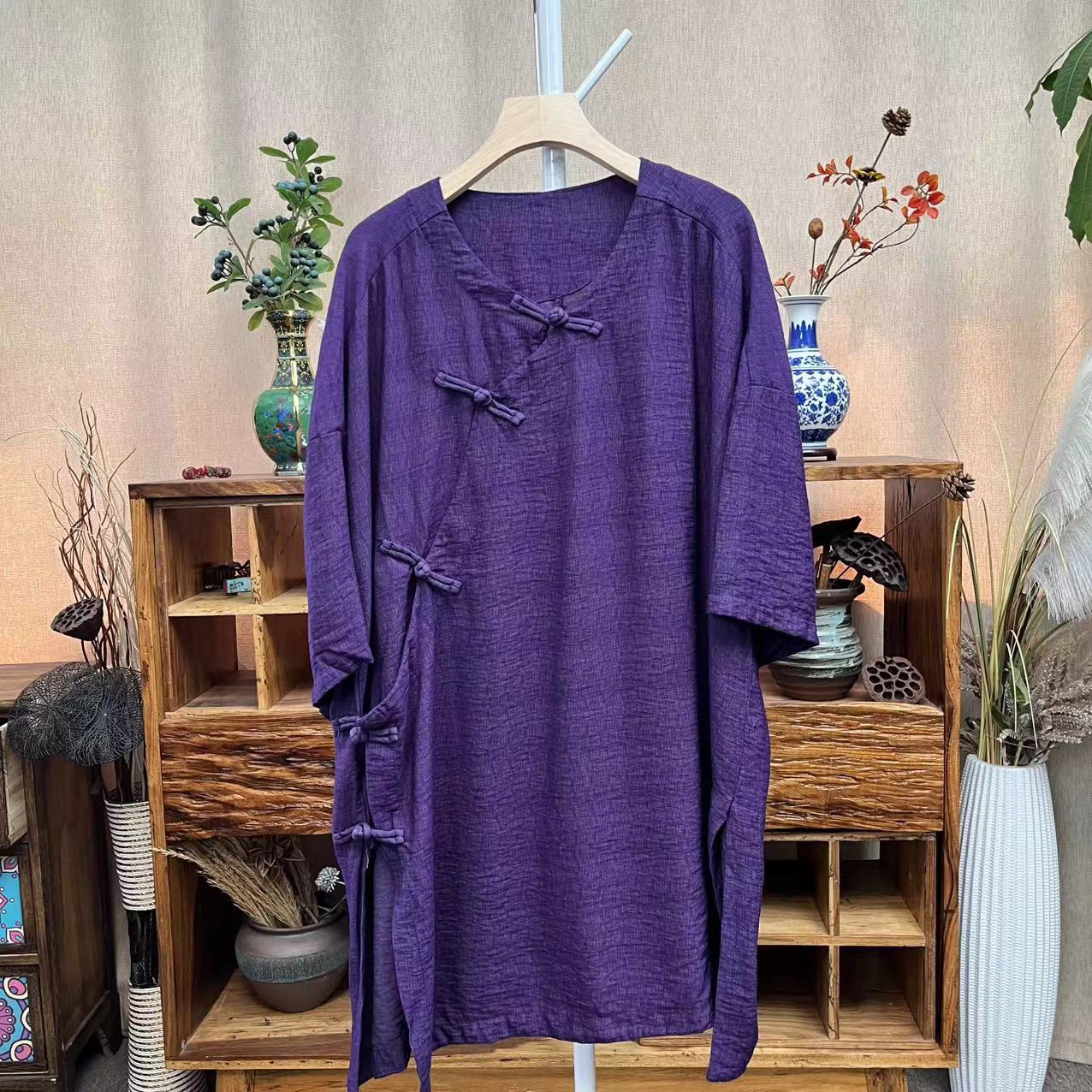 花璟与麻原创设计复古斜襟V领盘扣上衣（衣长82胸围140）