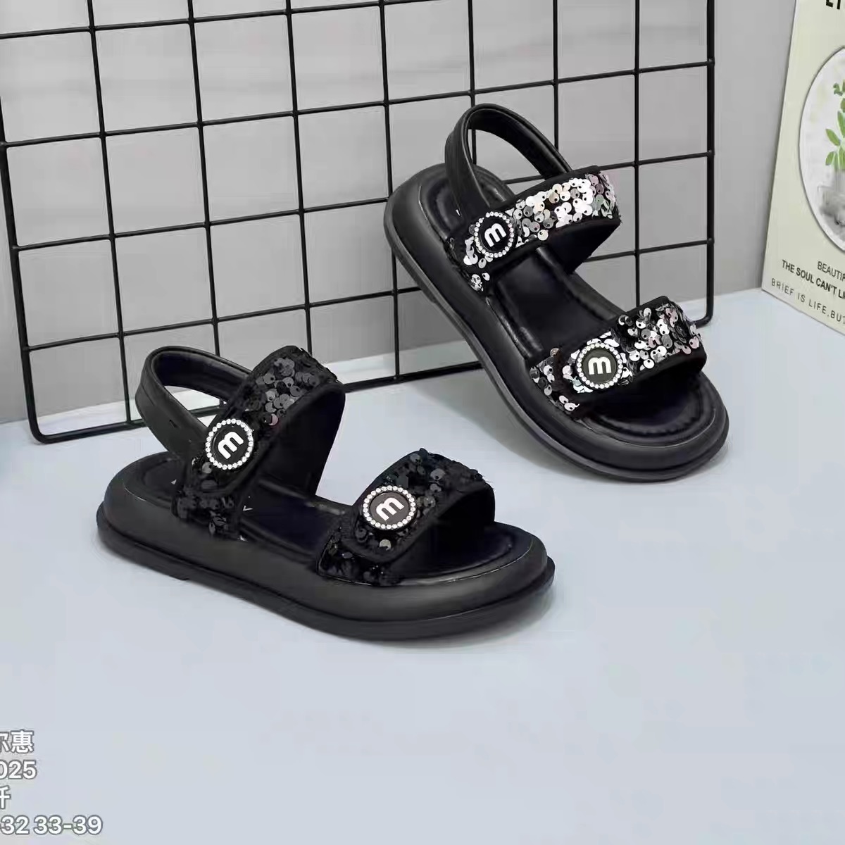 2092女童鞋子儿童公主一字凉鞋新款夏季亮片女孩沙滩鞋