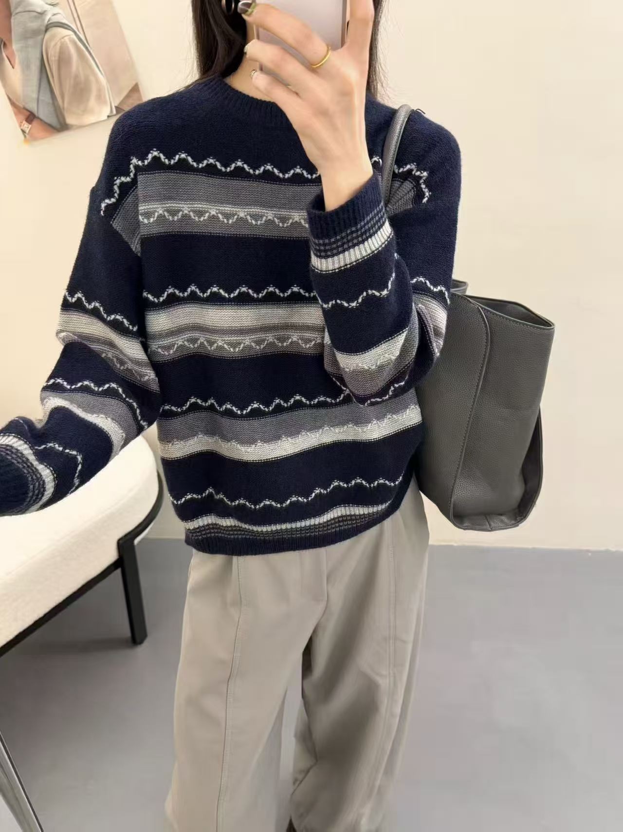 1112【青灰  水波纹】高领针织长袖针织衫毛衣