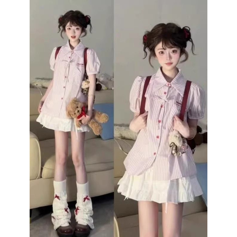 套装女2025夏季韩系减龄辣妹小个子短袖衬衫上衣高腰半身裙两件套