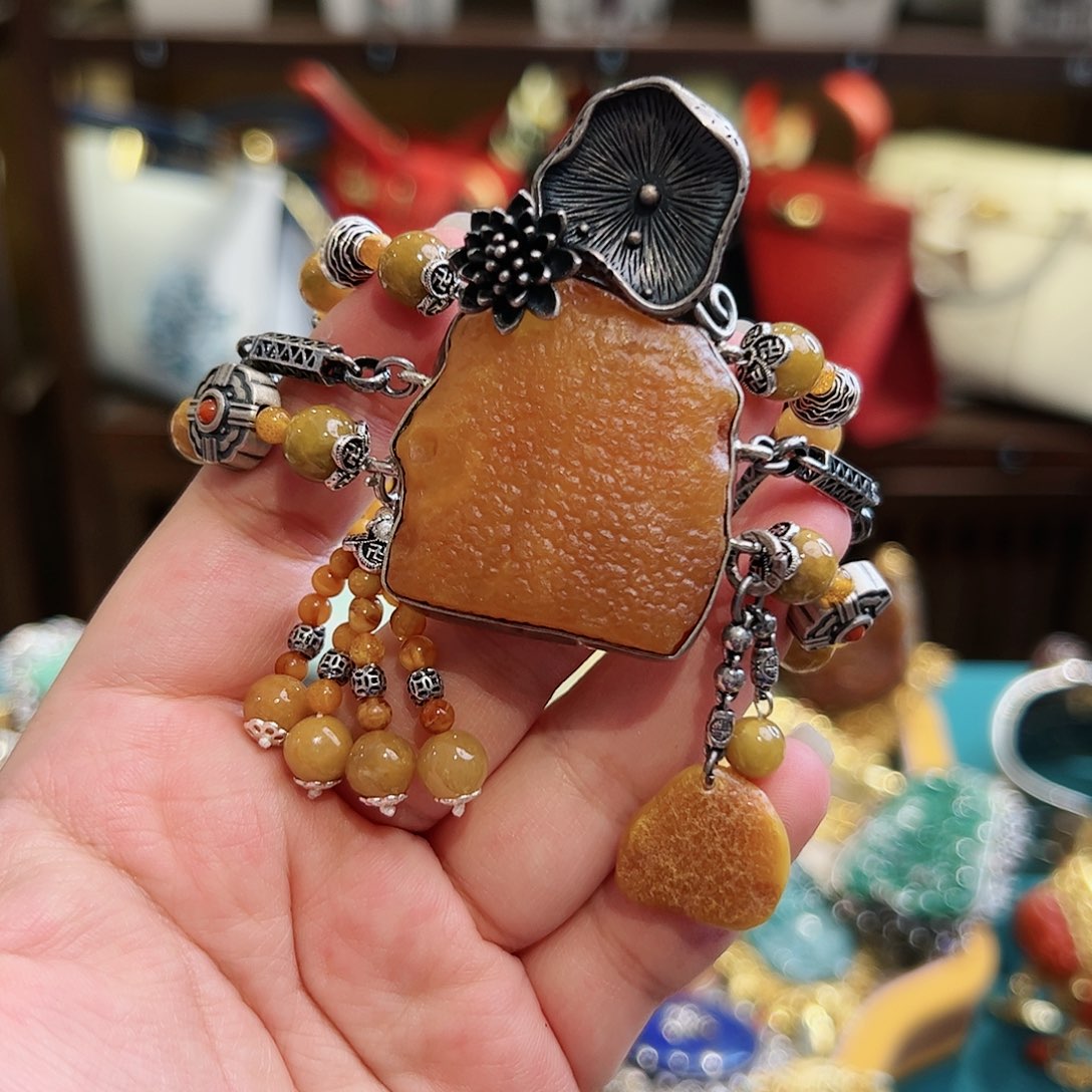 琥珀手链银S925镶嵌古风