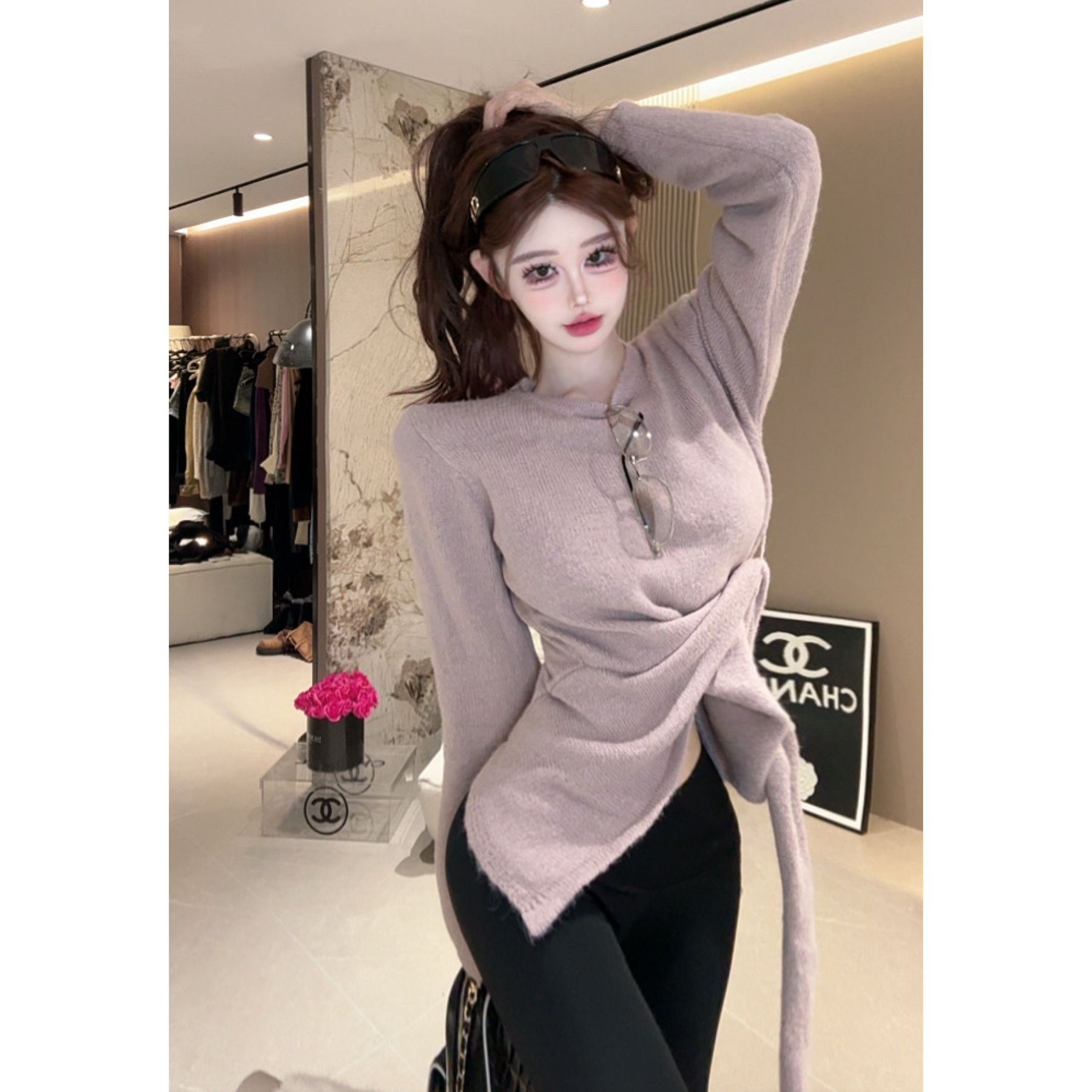 橙路【 紫藤花香】针织绑带毛衣