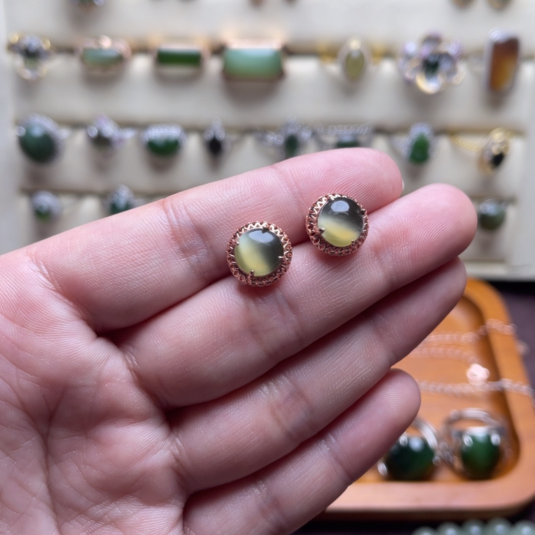 和田玉（碧玉）银S925镶嵌耳饰