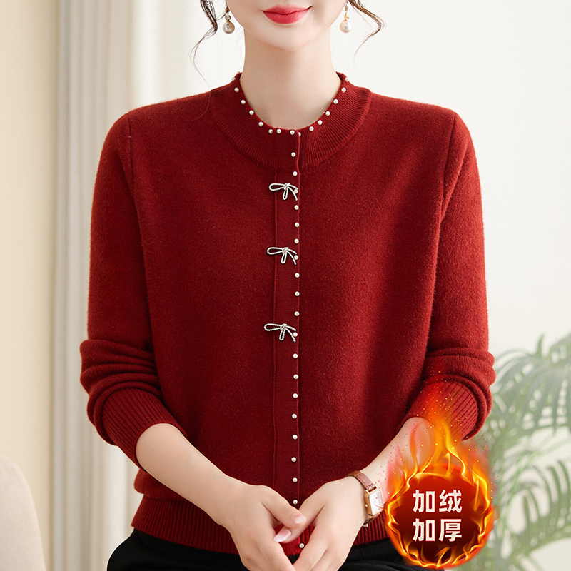 2025新款妈妈冬季针织衫中老年洋气高贵毛衣女加绒长袖打底上衣女