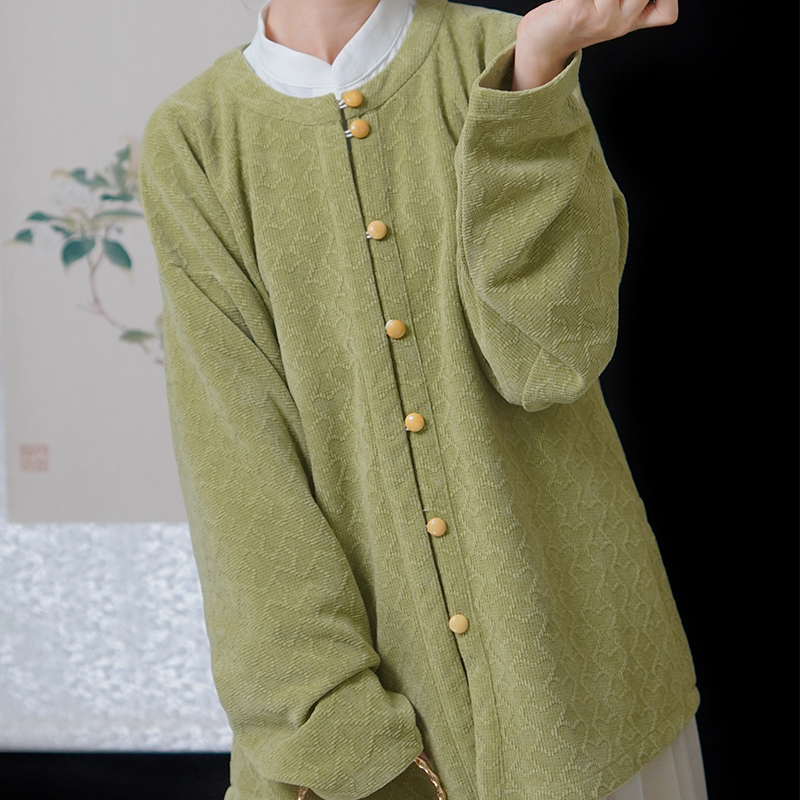 鹿鸣溪原创汉服明制圆领衫棉绒圆领袄汉元素新中式弓袋袖对襟上衣