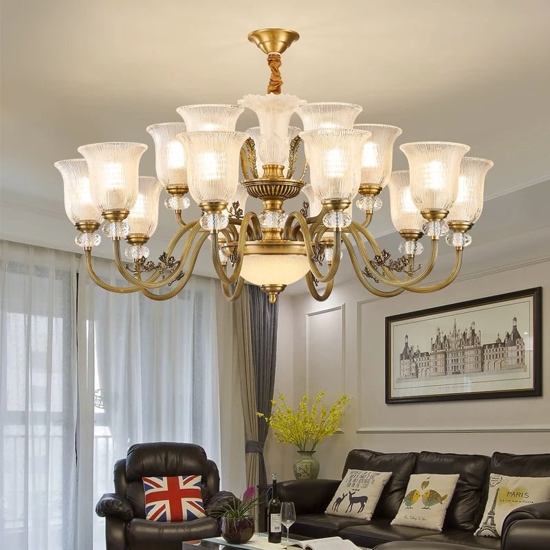 美式吊灯全铜客厅灯欧式别墅餐厅法式轻奢水晶中山灯具客厅吊灯