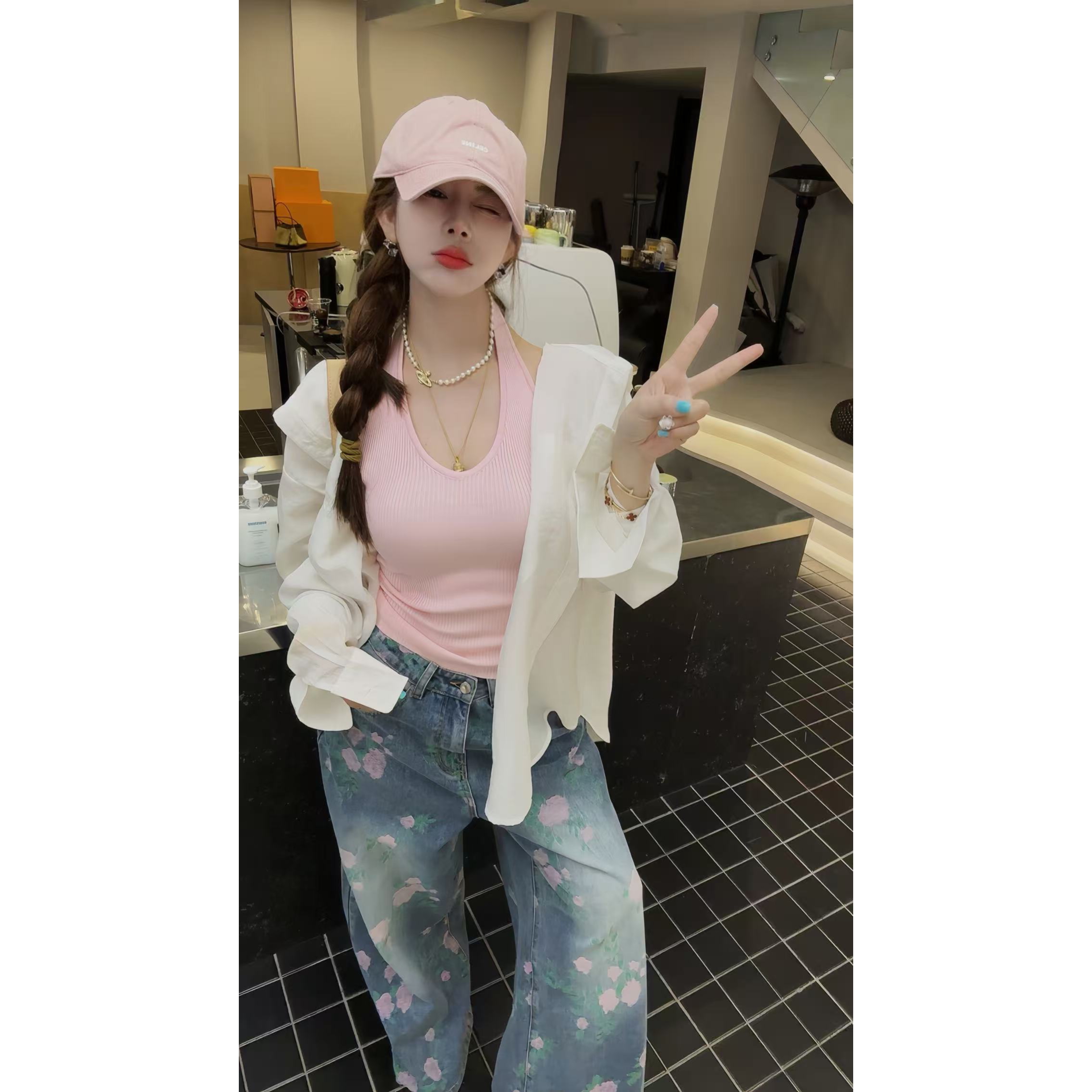 YEER·SHOP【仙气女孩～】爷儿夏季时尚百搭新款浅色印花牛仔裤