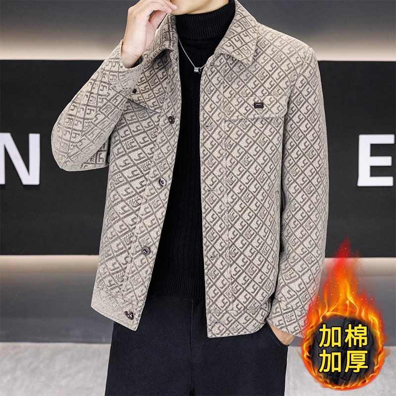 高级感提花男士夹克外套男款秋冬季新款加棉加厚潮流时尚毛呢上衣