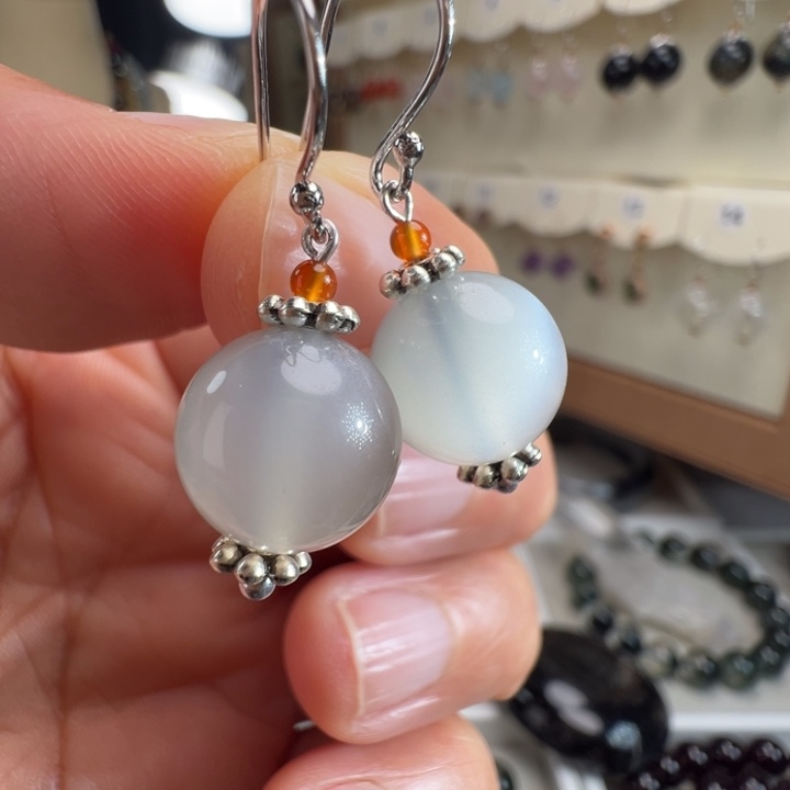 长石耳钉银S925镶嵌天然白月光石