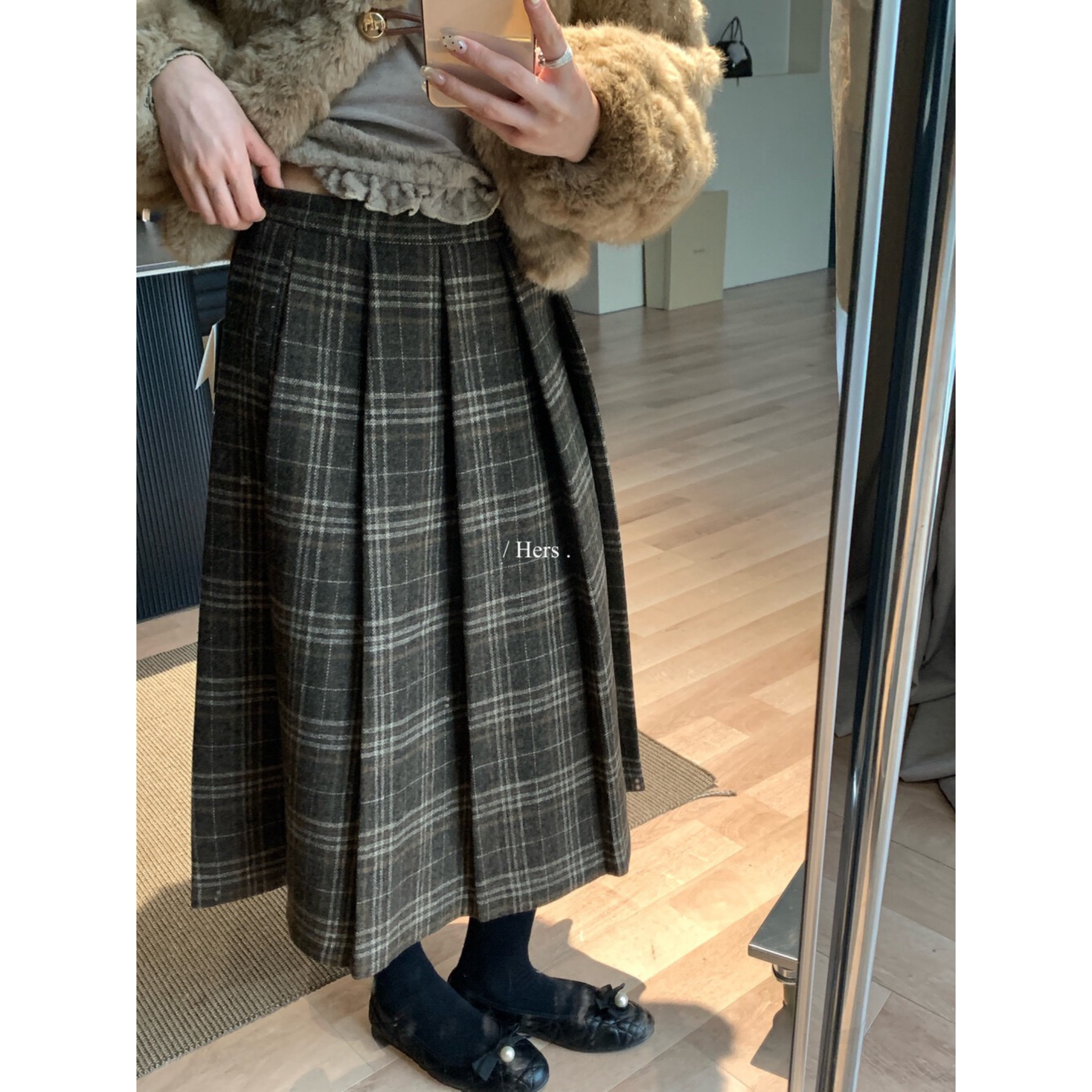 复古学院感格子毛呢百褶高腰显瘦A字中长款半身裙秋冬