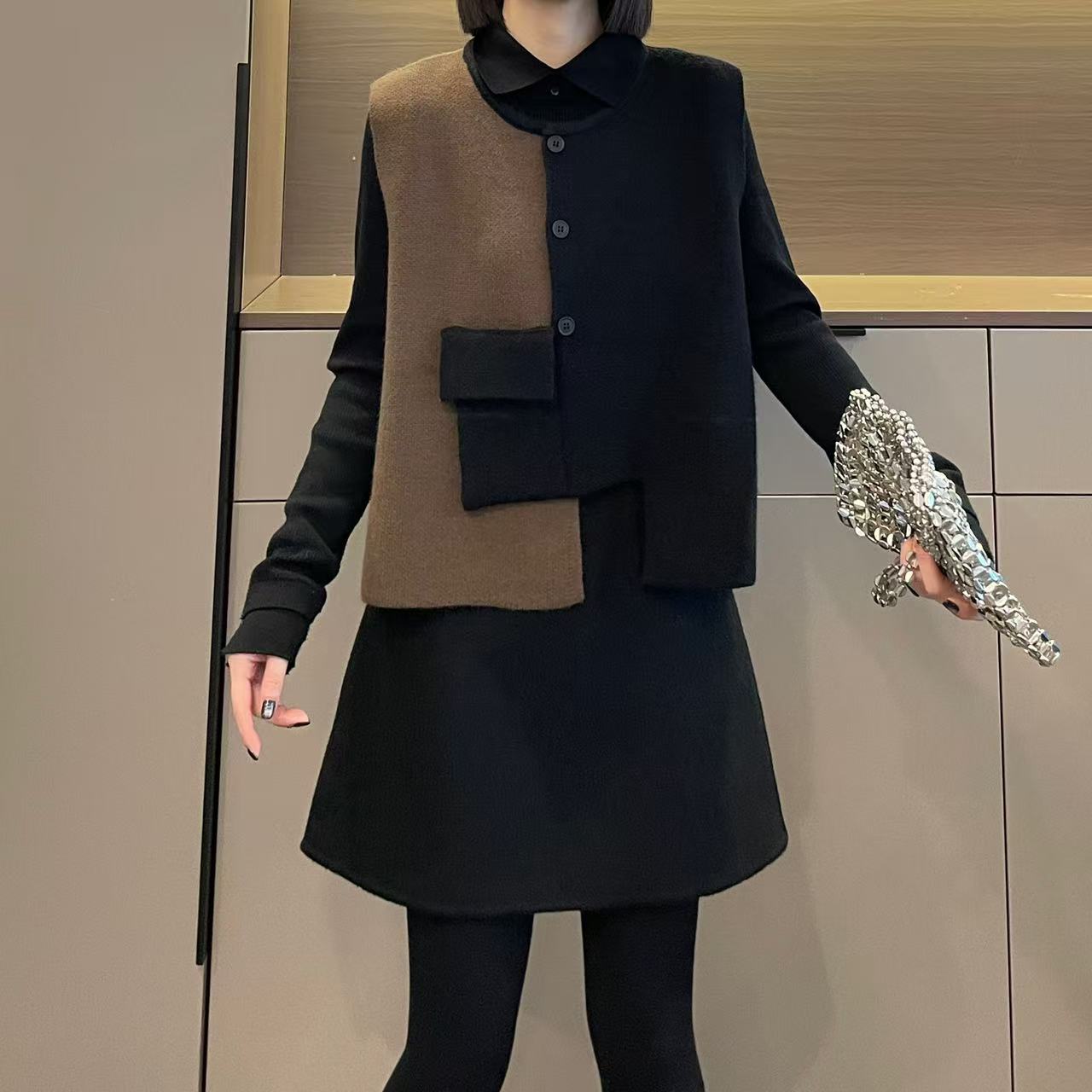 米可/MK-2977PY【撞色拼接不规则毛衣马甲】时尚秋季新款毛衣马甲