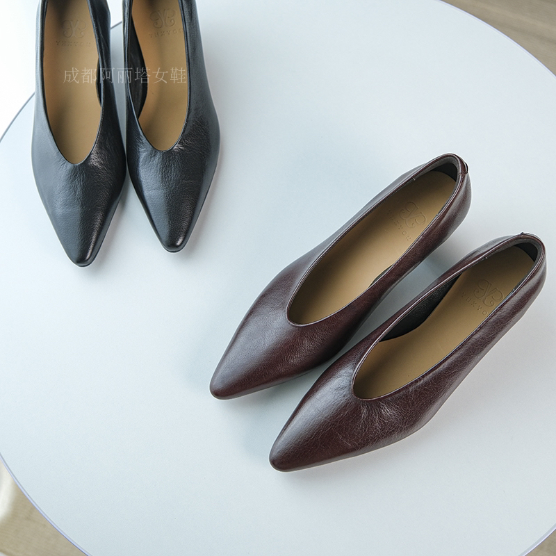 阿丽塔女鞋~4.5cm极简风尖头浅口单鞋气质百搭奶奶鞋法式女鞋