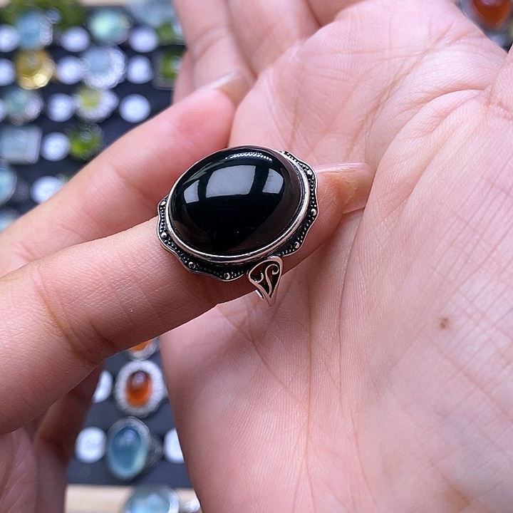 岫玉银S925镶嵌戒指君*